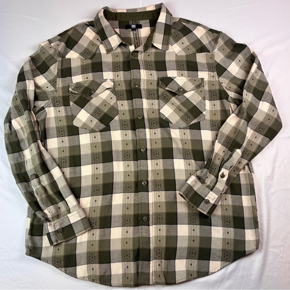 Frye Olive and Cream Checkered Button Down Shirt
